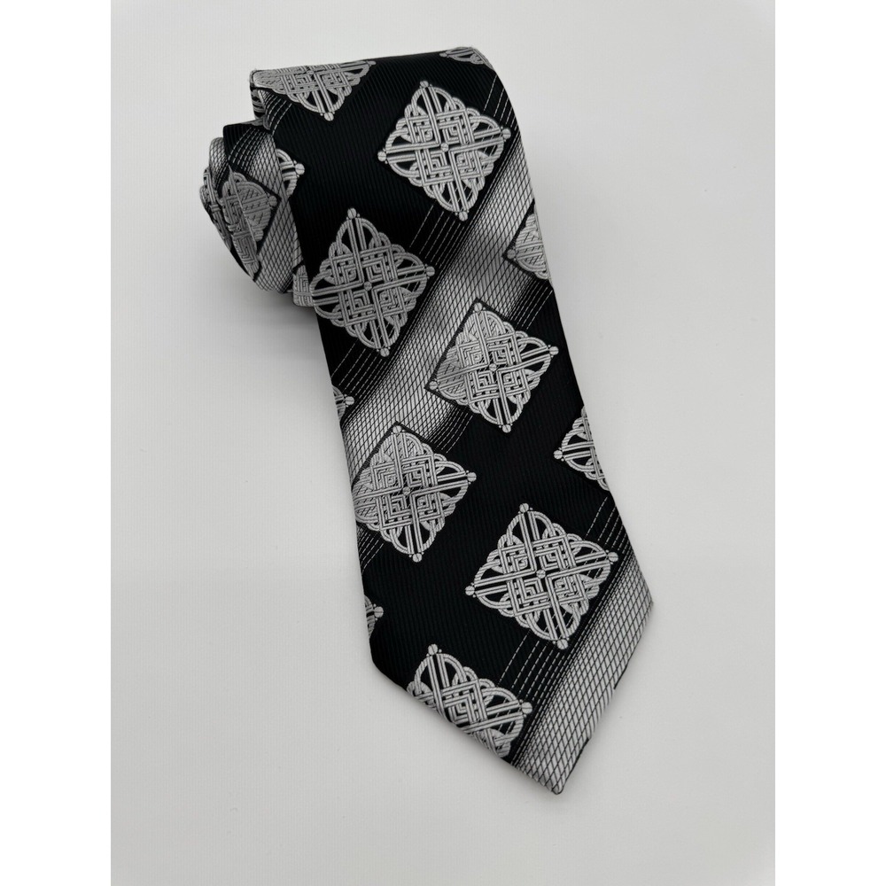 Black Silver Geometric Medallion Tie Classic Necktie 60" Formal‎ Wedding